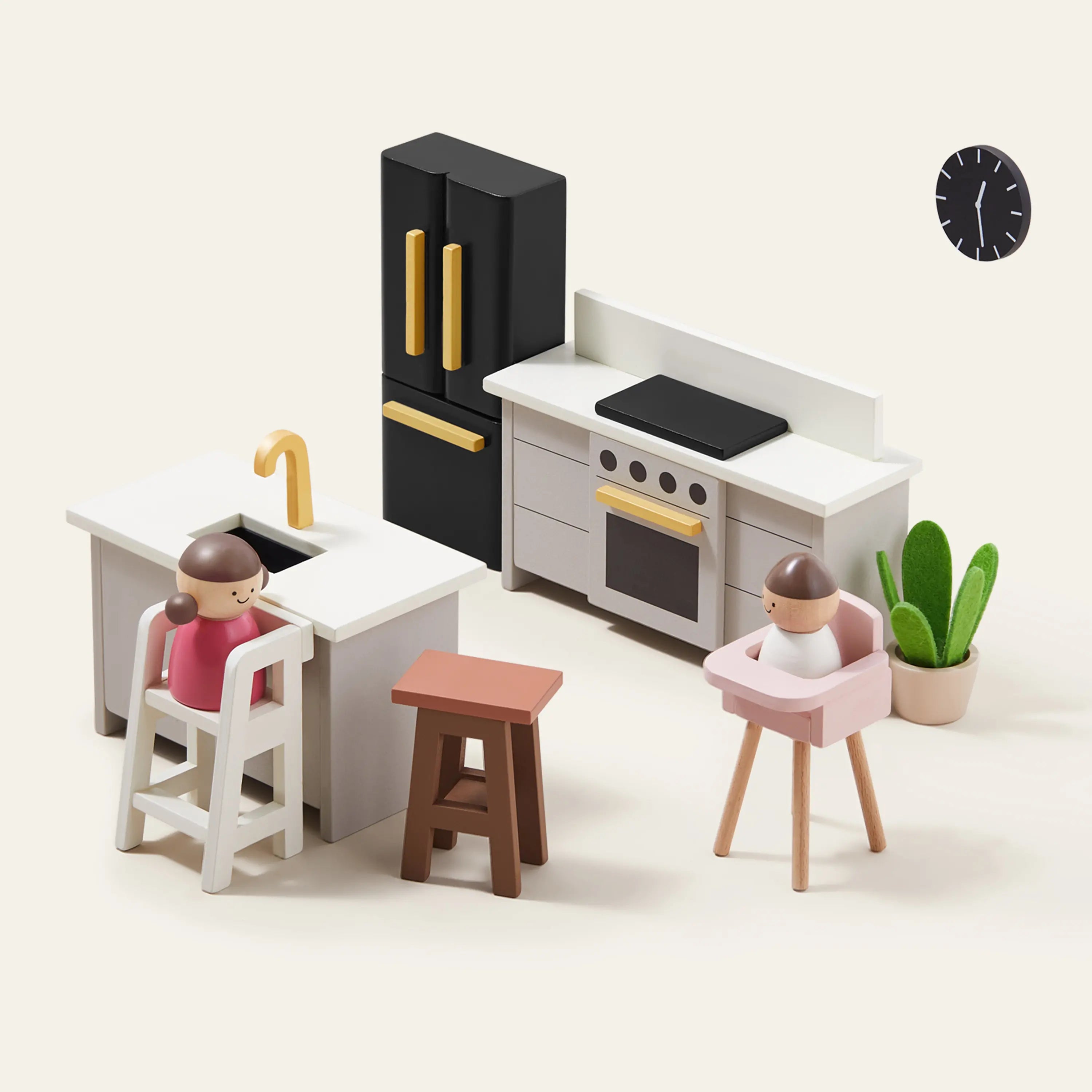 Close-up of Sweetwood Edge dollhouse kitchen room with miniature furniture and play accessories