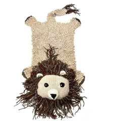 Organic wool lion nursery rug on white background showing hand-knit texture and design