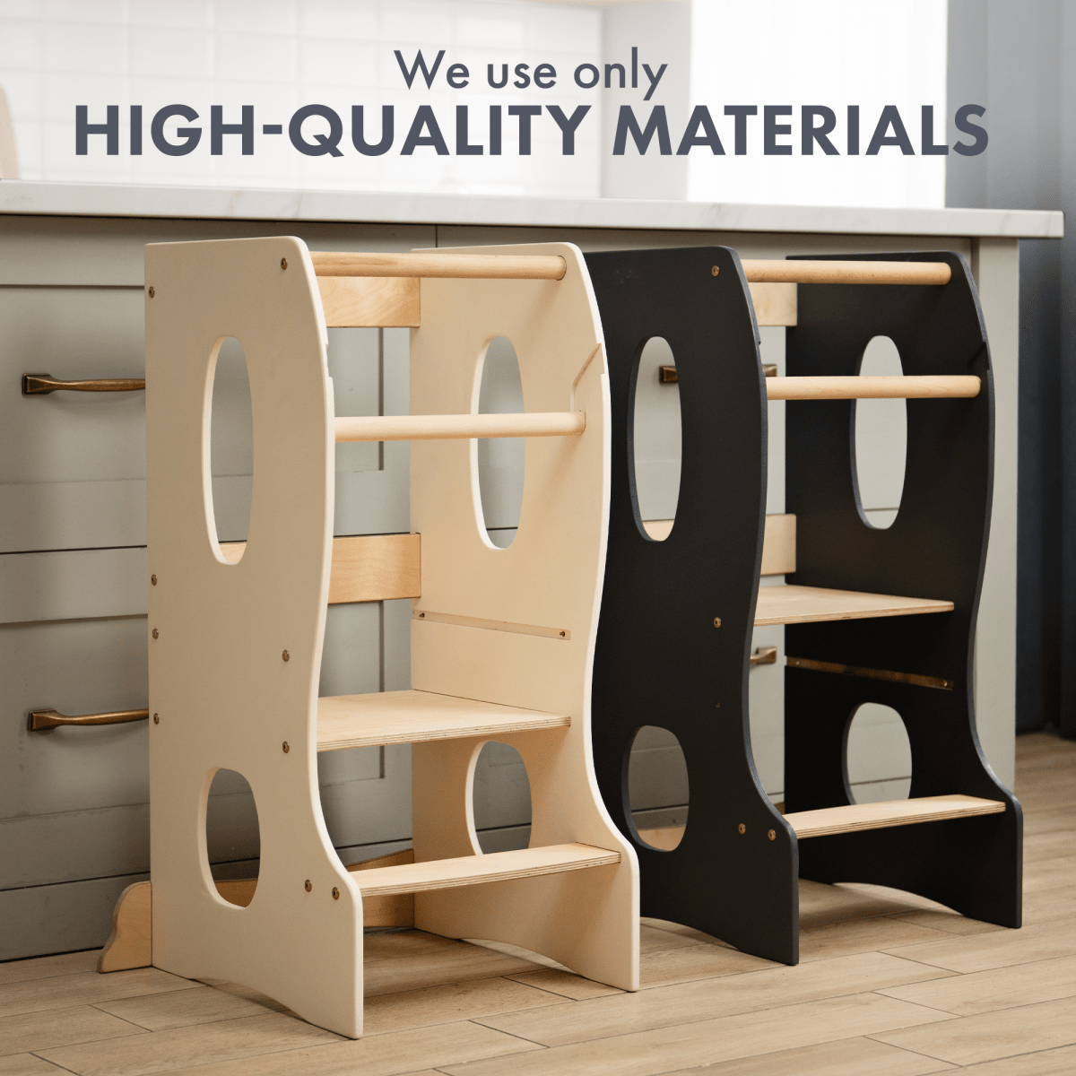 Two wooden step stools, one beige and one black, on a wooden floor with text about high-quality materials.
