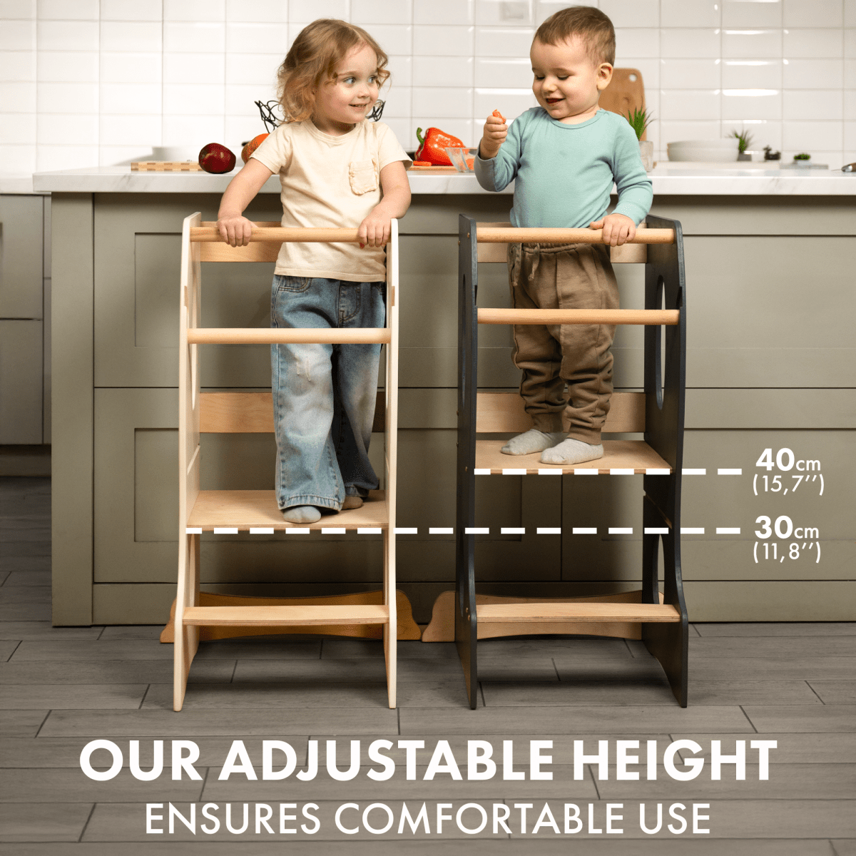 Two children using adjustable height stools in a kitchen setting with measurements displayed.