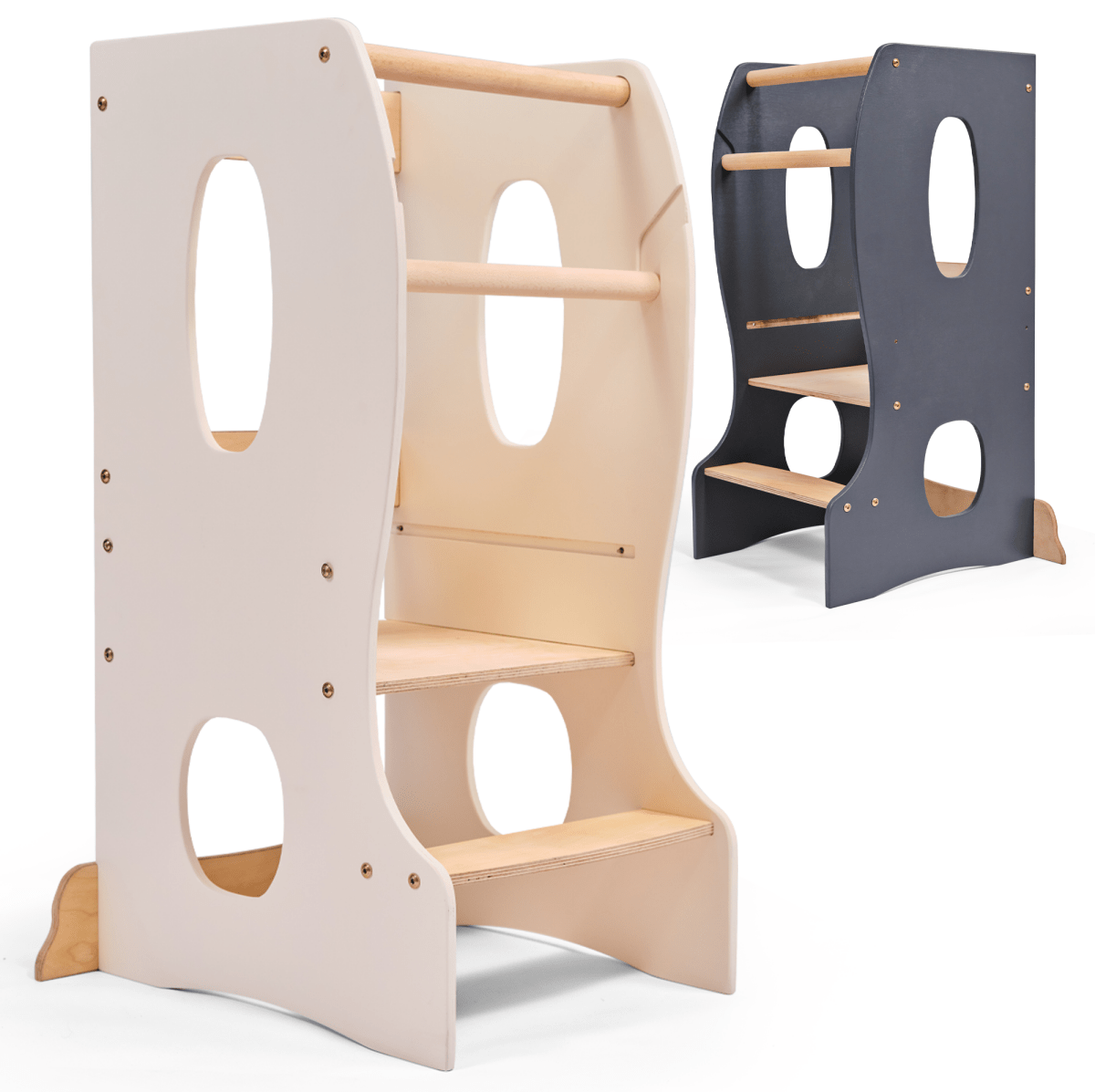 Two wooden climbing structures, one beige and one gray, on a white background.