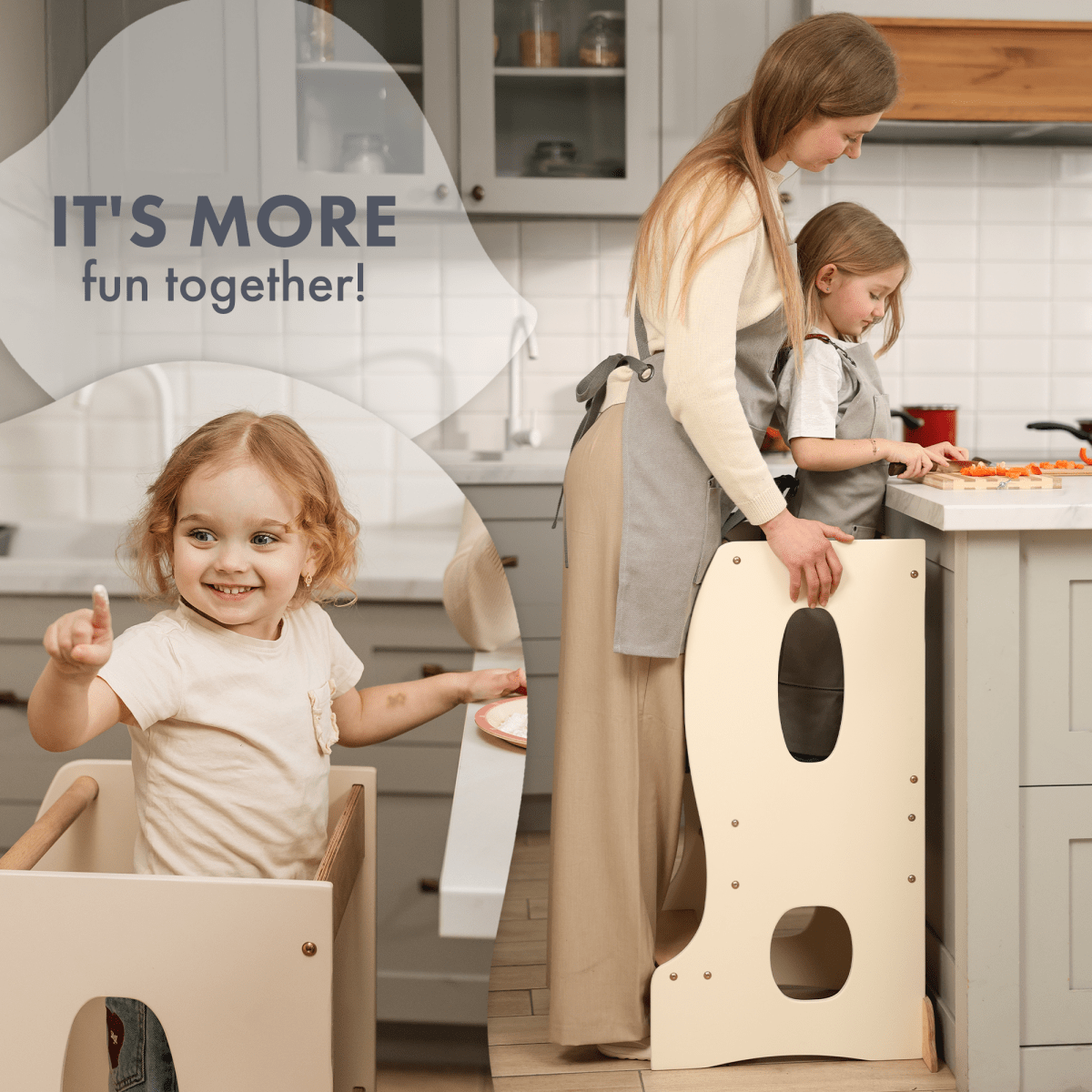 Woman and two children playing with a wooden toy in a kitchen.