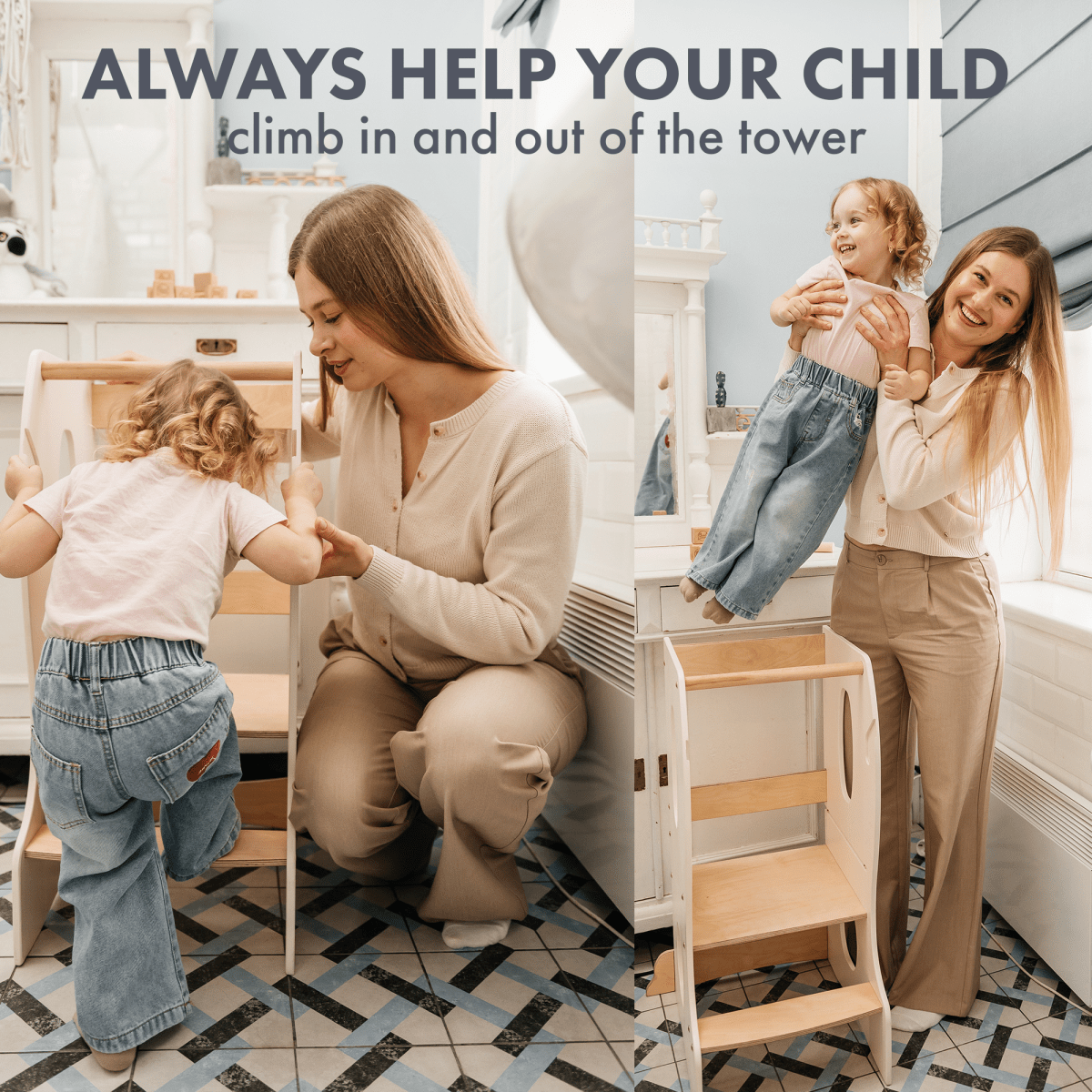 Woman helping a child climb into a wooden tower with text 'Always help your child climb in and out of the tower'.