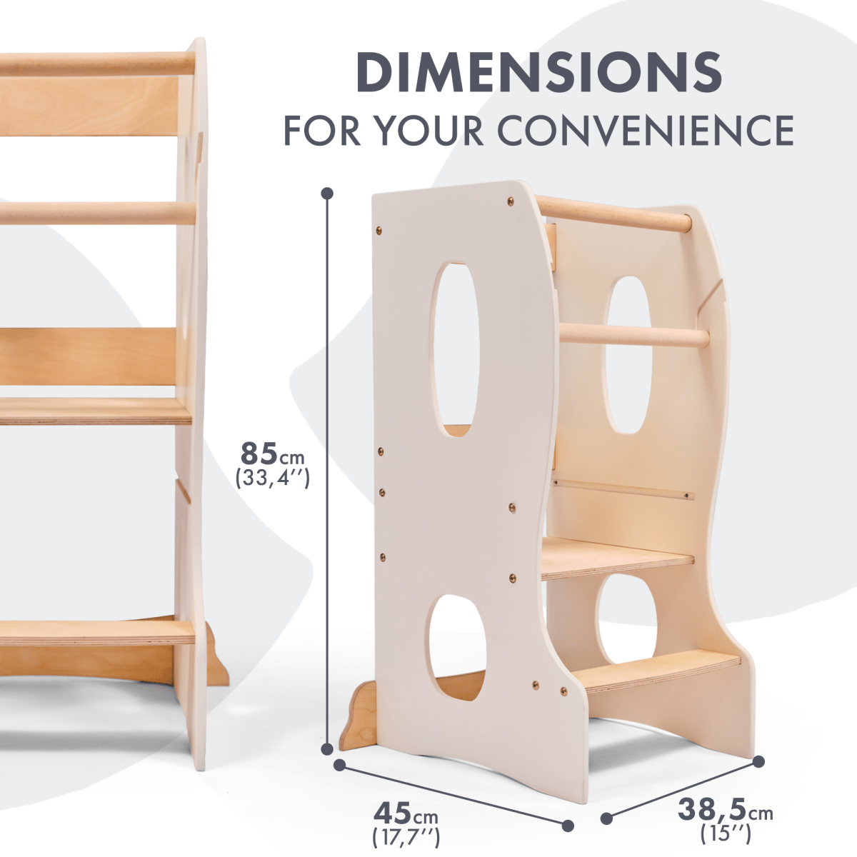 Wooden climbing toy with dimensions displayed on a white background