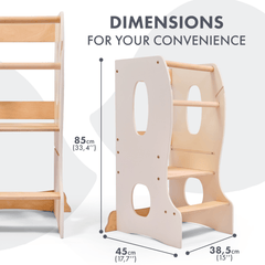 Wooden climbing toy with dimensions displayed on a white background