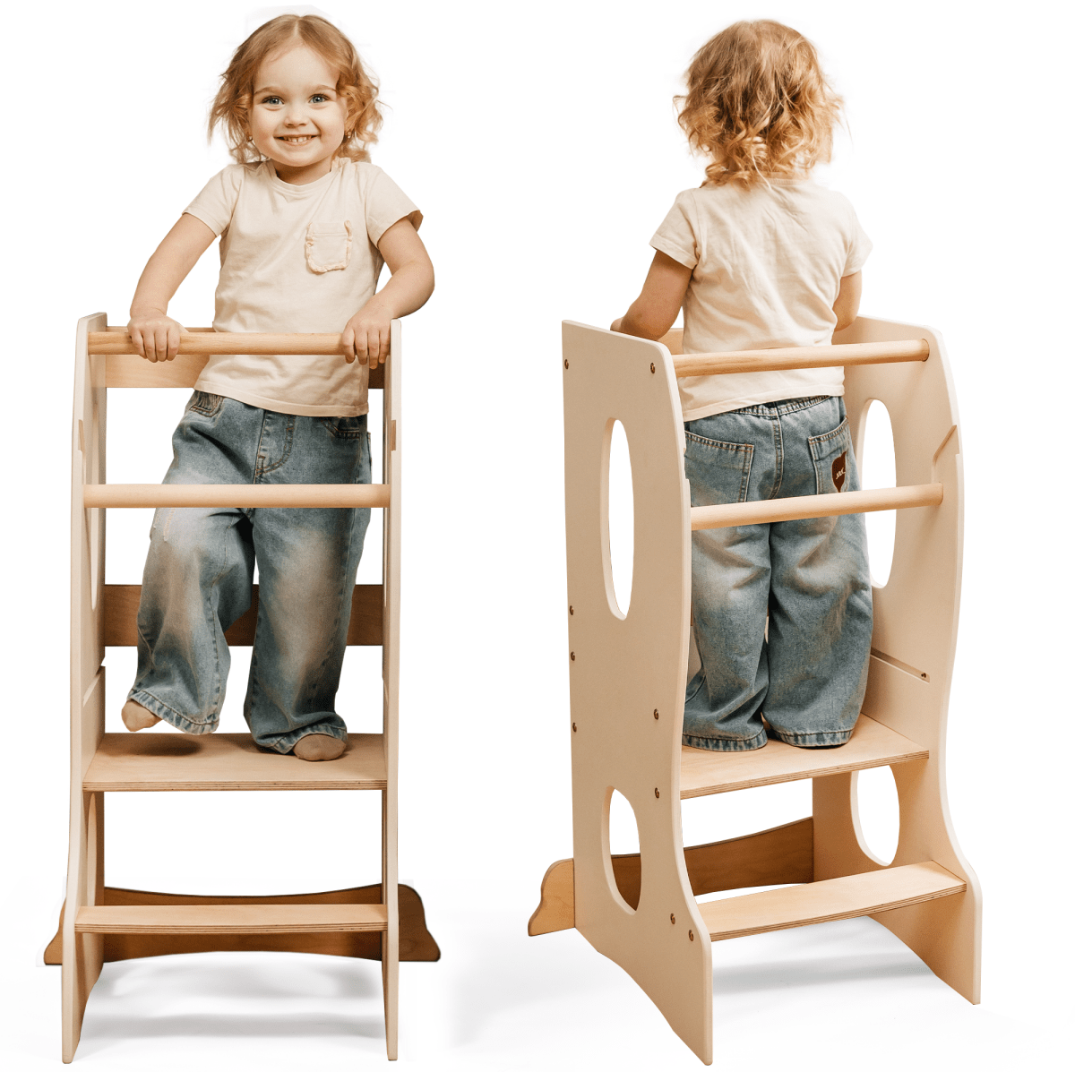 Two children using a wooden step stool on a white background