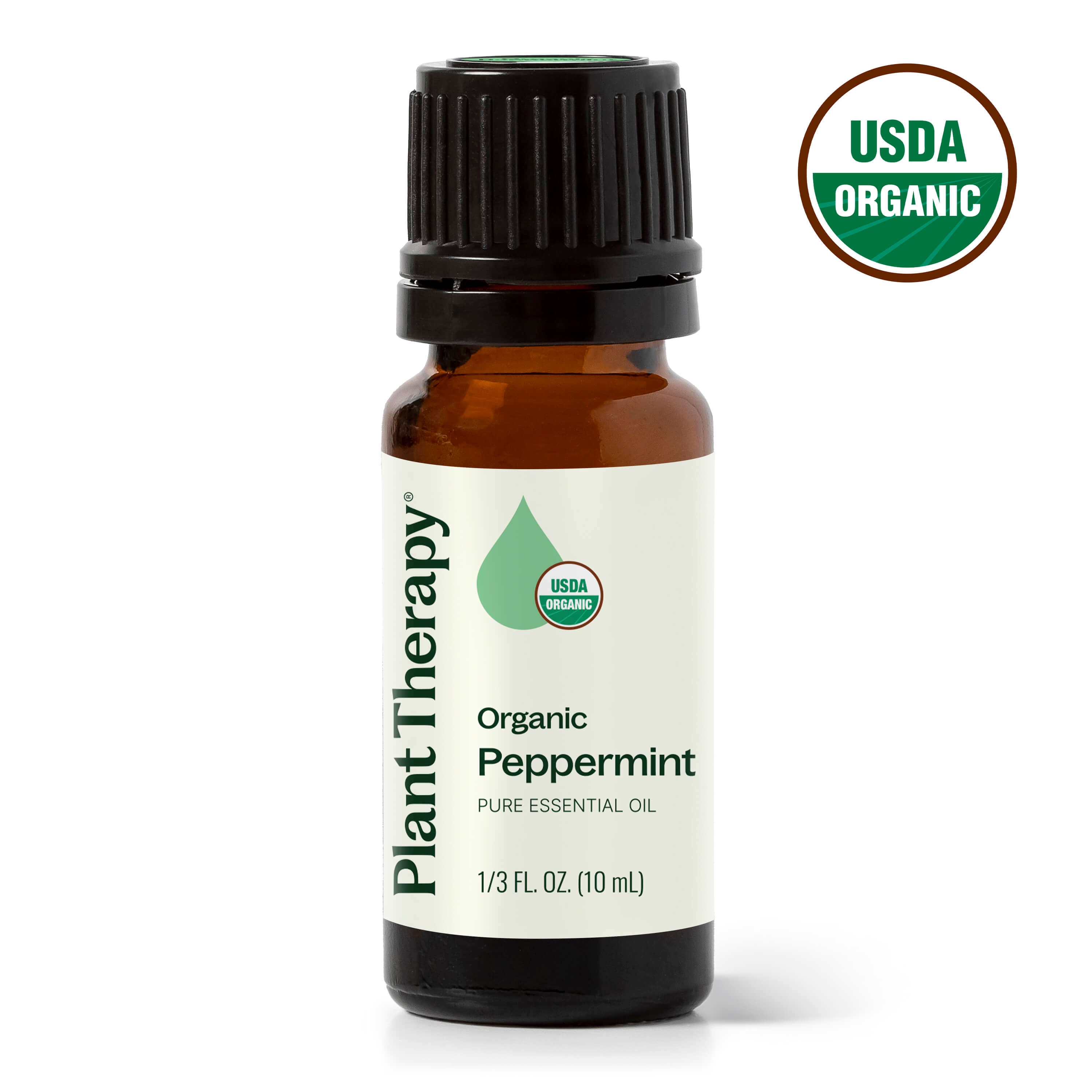 Bottle of Plant Therapy Organic Peppermint essential oil with USDA Organic label on a white background