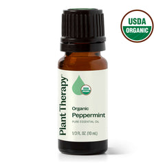 Bottle of Plant Therapy Organic Peppermint essential oil with USDA Organic label on a white background