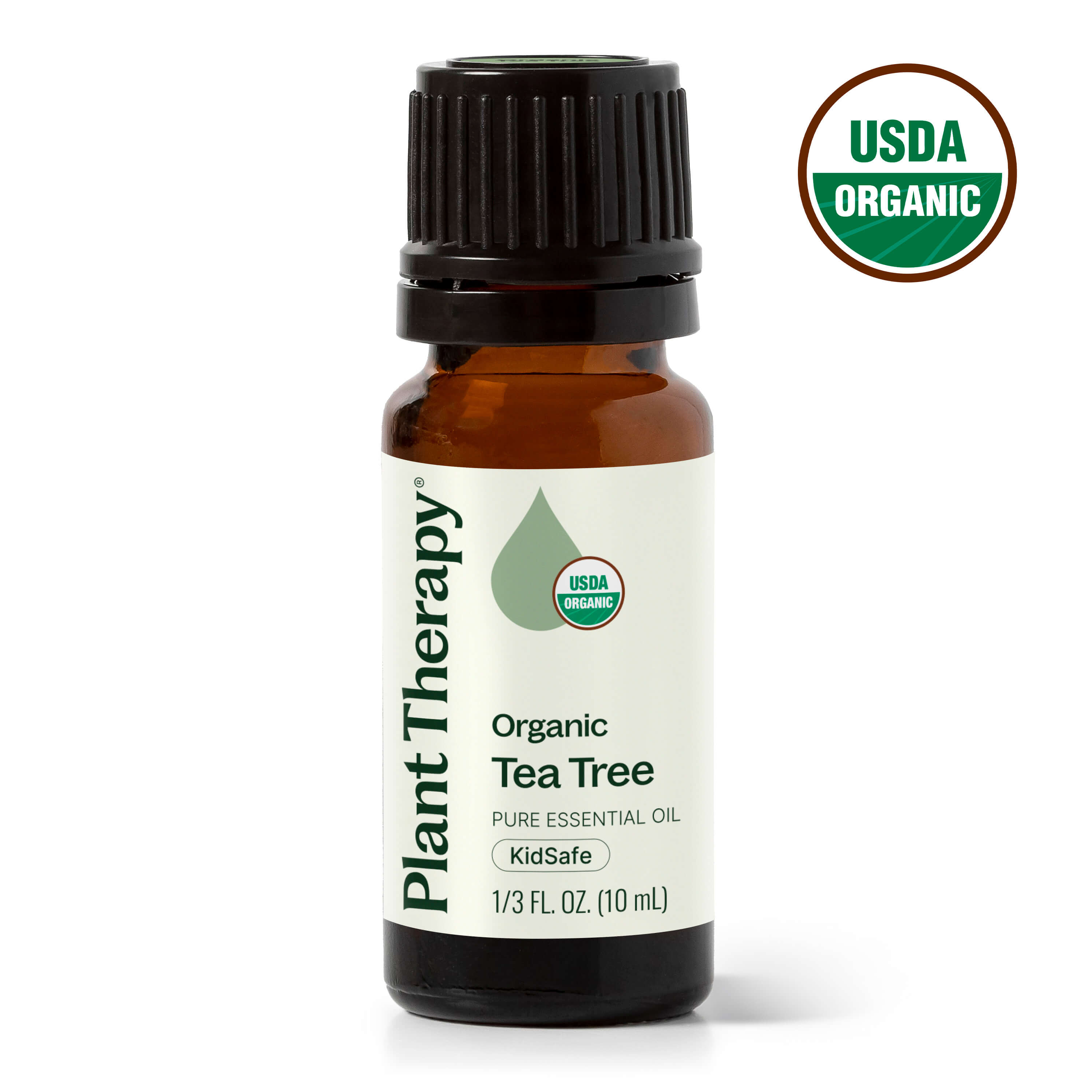 Bottle of Plant Therapy Organic Tea Tree essential oil with USDA Organic label on a white background
