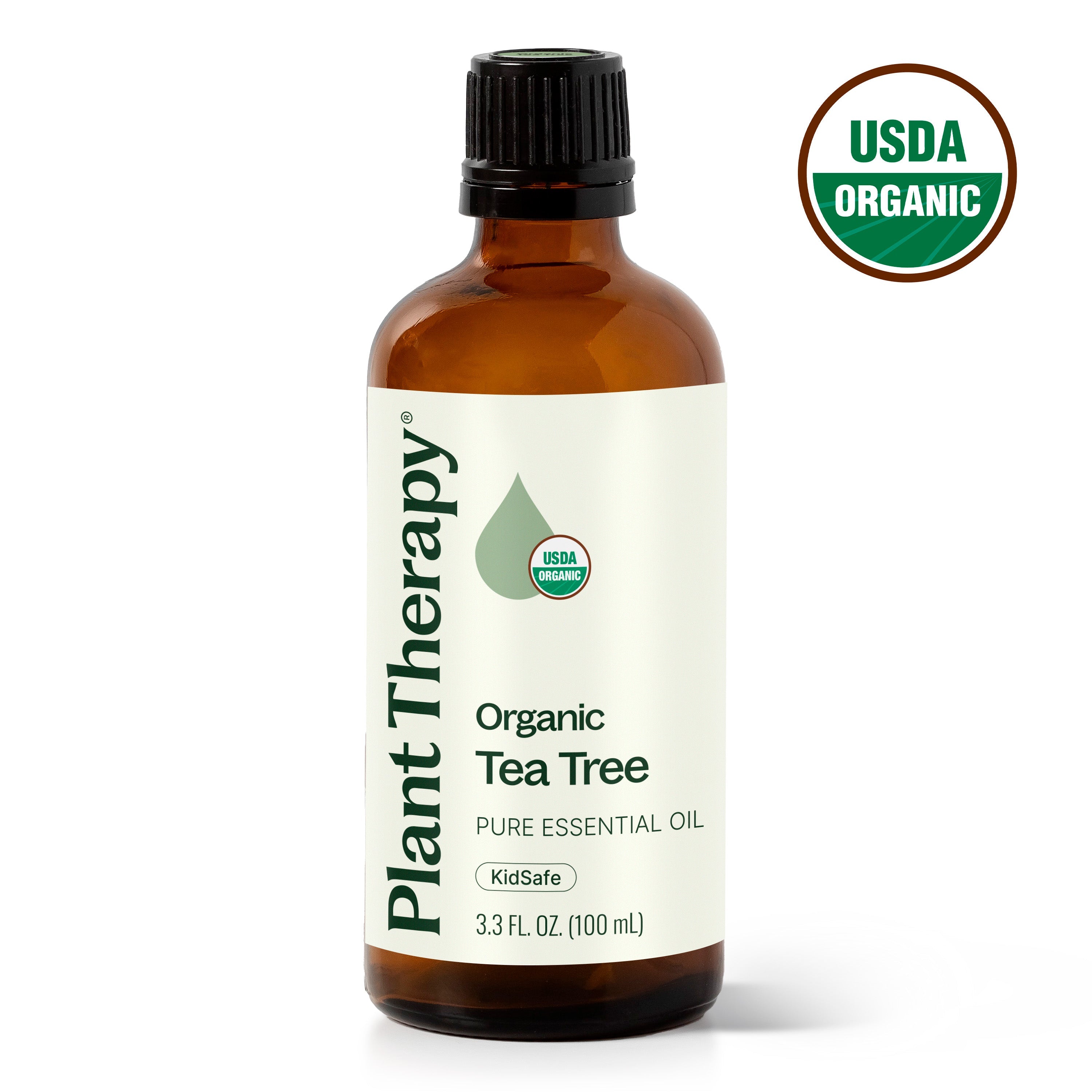 Bottle of Plant Therapy Organic Tea Tree Pure Essential Oil with USDA Organic label on a white background