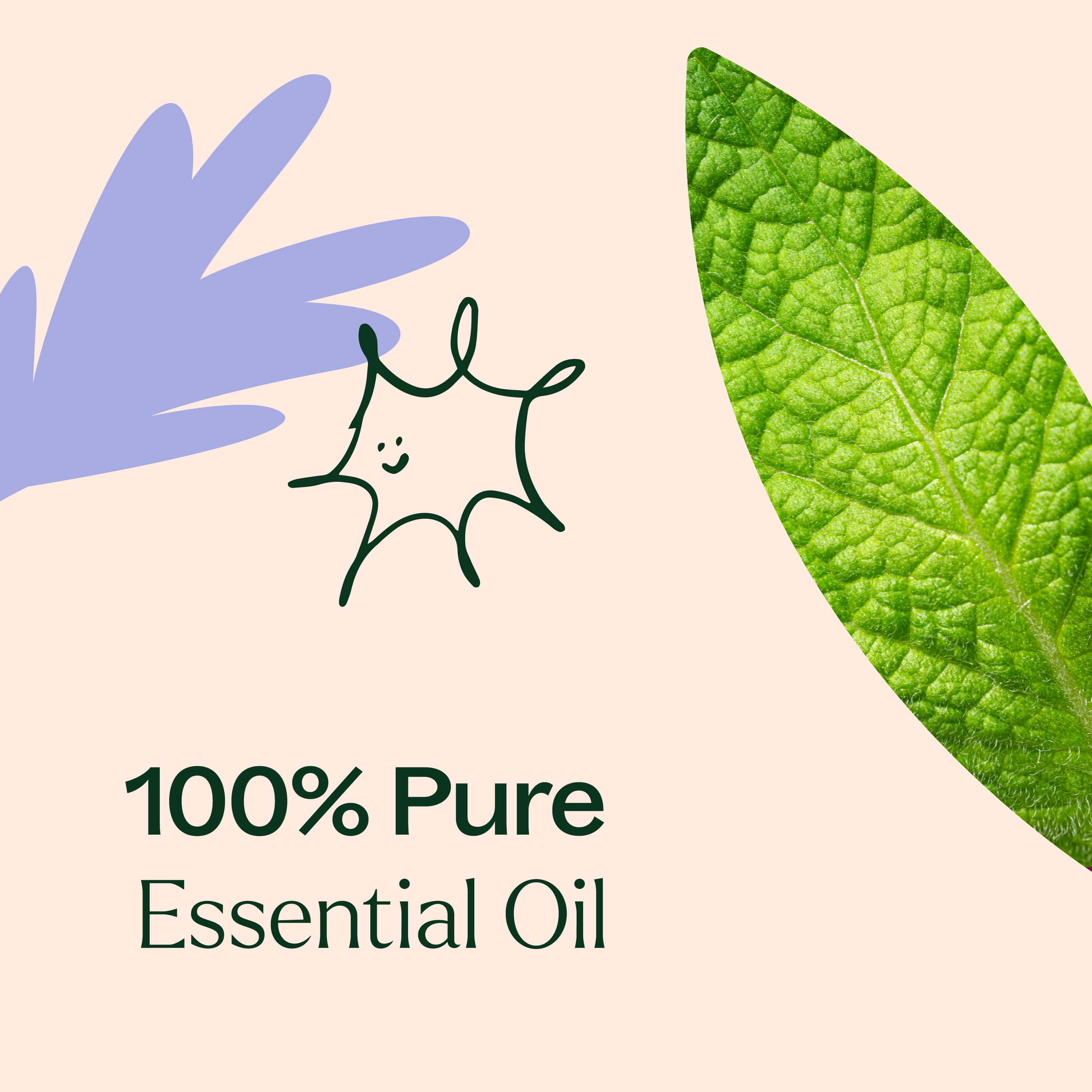 100% Pure Essential Oil label with a green leaf and blue hand icon on a beige background