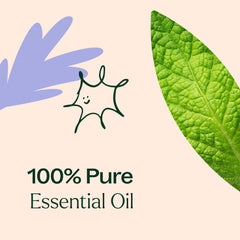 100% Pure Essential Oil label with a green leaf and blue hand icon on a beige background