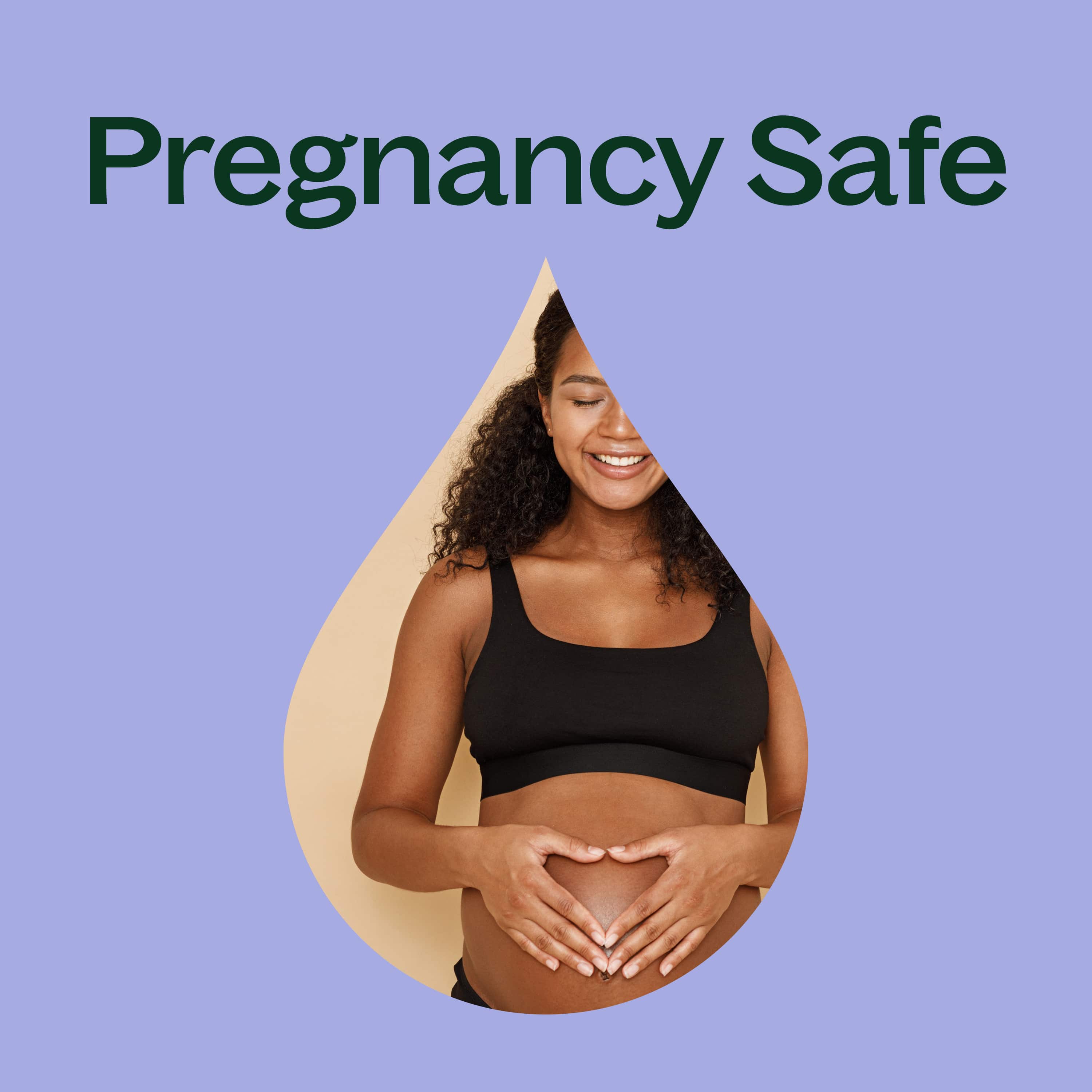 Pregnant woman with hands forming a heart shape on belly against a blue background with 'Pregnancy Safe' text.
