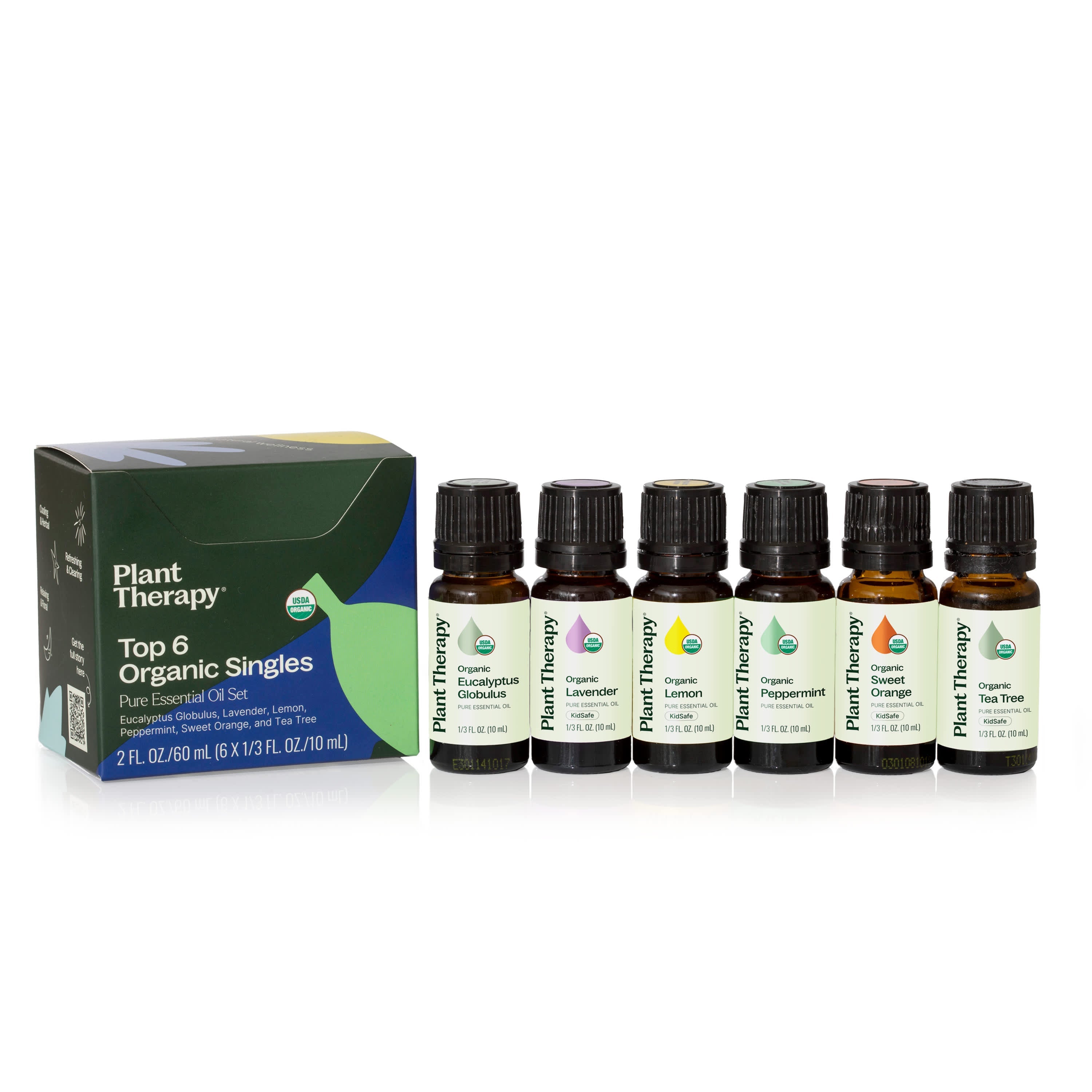 Set of Plant Therapy essential oil bottles and packaging on a white background