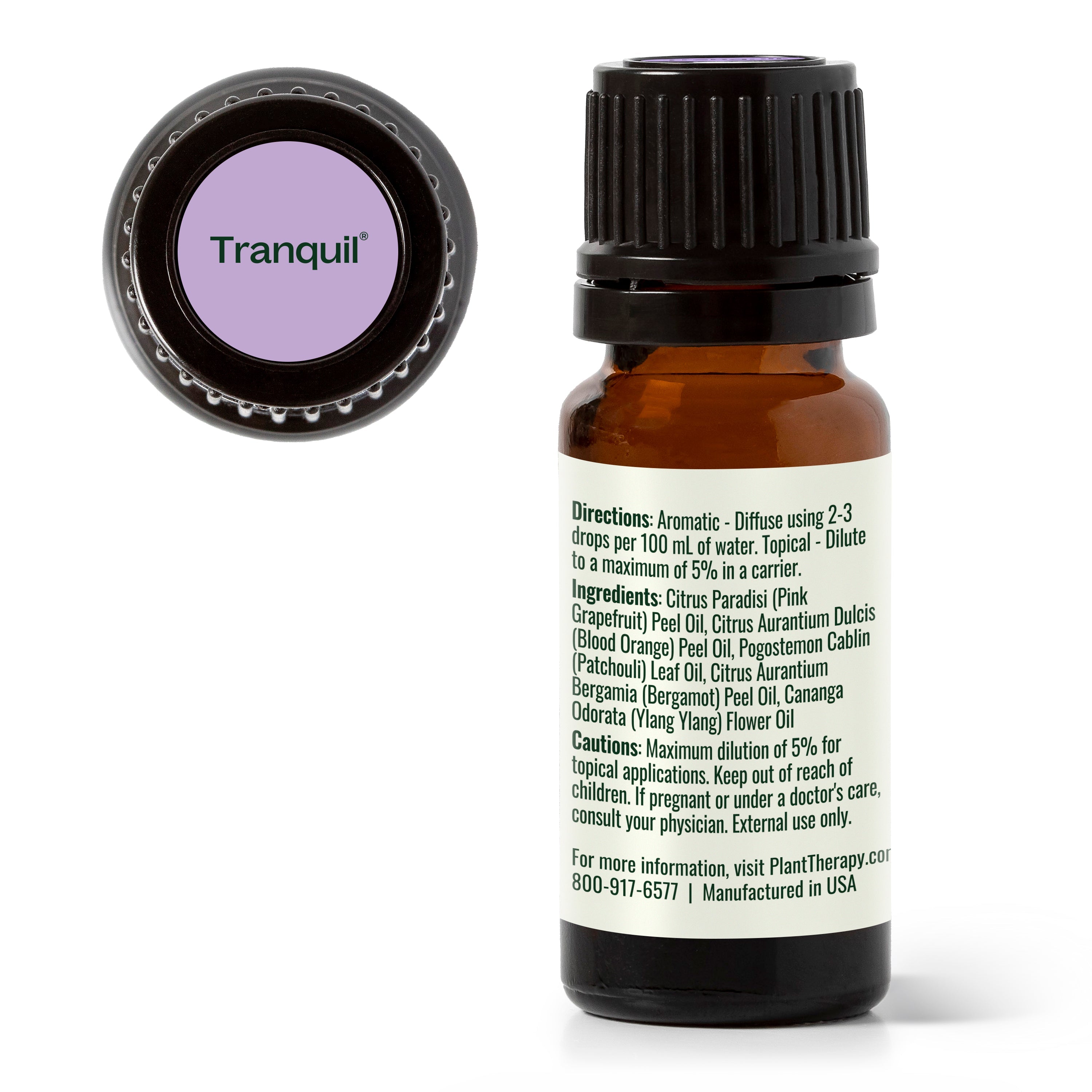 Small amber glass bottle with a black cap labeled 'Tranquil' on a white background.