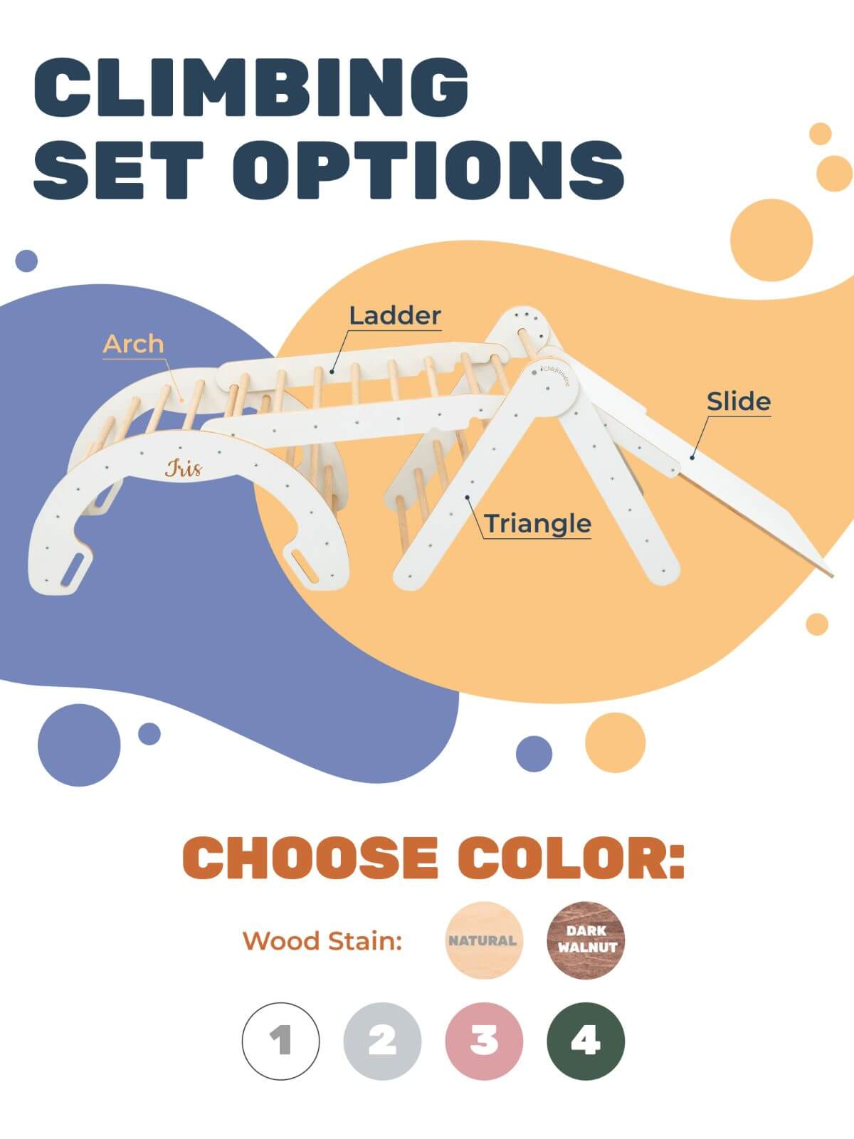 Climbing set options diagram with labeled parts and color selection for wood stain.